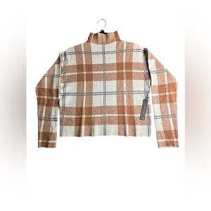 Tahari Plaid Knit Pullover Sweater Mock Neck Brown Beige Size S